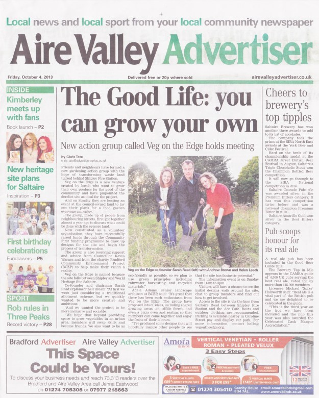 Veg On The Edge take pride of place on the front page of local paper The Aire Valley Advertiser